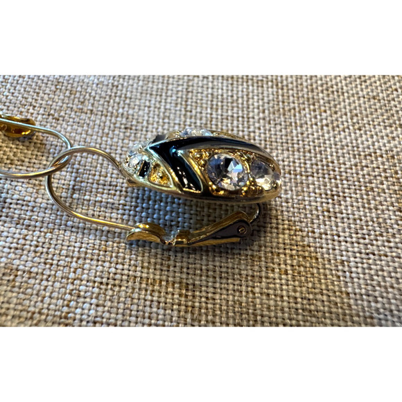 Vintage KJL Black Earrings Enamel Clear Crystal Gold Plated Pierced - Picture 3 of 5